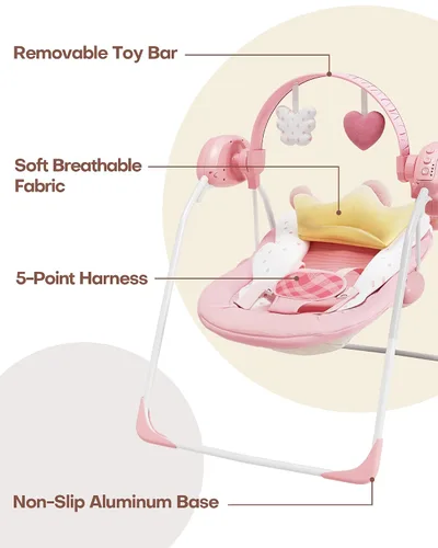 Vista 5 de Columpios de bebé para bebés, columpio para recién nacido, columpio portátil para bebés con música, velocidad adaptable, temporizador, cojín suave