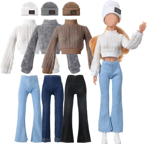 Vista 8 de Fourluoo 6 piezas de ropa de muñeca de invierno de 11.8 pulgadas, conjunto de accesorios de muñeca de moda, suéteres, pantalones de mezclilla, ropa