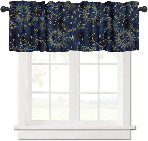 Vista 2 de Cortinas con cenefa floral de luna para ventanas de cocina, fase de flores silvestres, jardín, bohemio, primavera, naturaleza, cortina de ventana