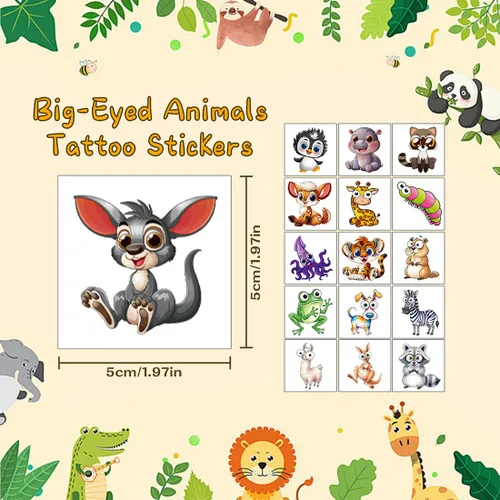 Vista 5 de Tatuajes temporales de animales para niños, 160 piezas de tatuajes más grandes mezclados lindos animales, regalos de fiesta, regalos de Navidad