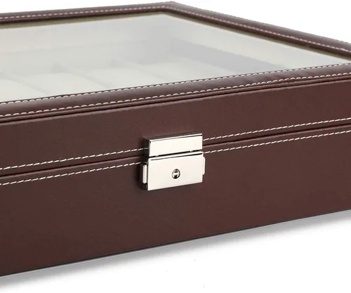 Vista 5 de Organizador de exhibición de relojes, caja grande de 24 ranuras para reloj con tapa acrílica, piel sintética marrón