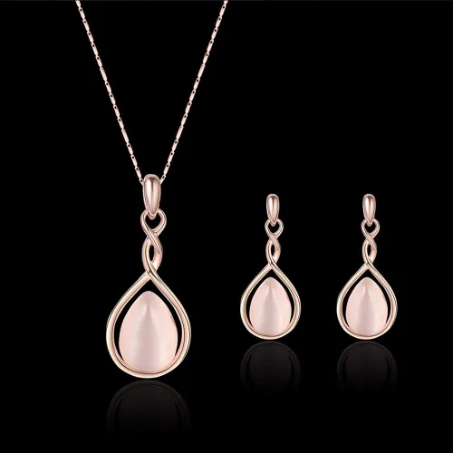 Vista 5 de Rose Gold Jewelry Sets for Women Pink Teardrop Pendant Necklace and Earring Set Embellished with Opal Fashion Wedding Jewelry Gift for Brides and