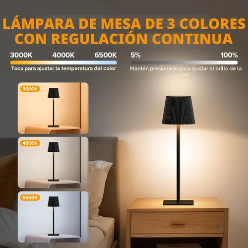 Vista 3 de LUTEC Paquete de 2 lámparas de mesa inalámbricas, lámpara de escritorio a batería recargable de 6000 mAh, dos alturas ajustables, impermeable, Negro