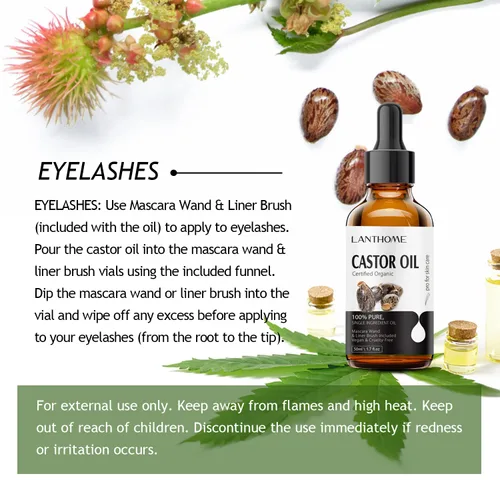 Vista 3 de Lanthome Aceite de ricino orgánico prensado en frío (1.7 onzas con kit de pestañas), aceite de ricino negro para pestañas, cejas y crema hidratante