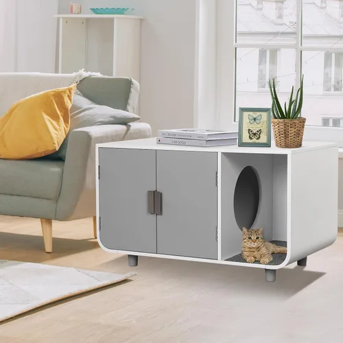 Vista 9 de Tangkula Mueble de caja de arena para gatos, baño oculto para gatos con patas y tapetes de madera de goma, casa interior para gatos