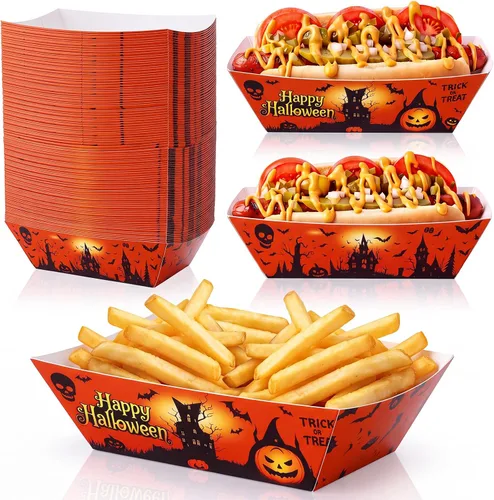 Vista 7 de Yinkin 100 bandejas de papel de Halloween para alimentos, bote de comida
