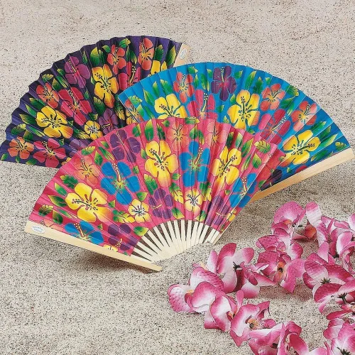 Vista 3 de Fun Express - Abanicos plegables con estampado de hibisco para fiesta - Suministros para fiestas - Favores - Fans - 12 piezas