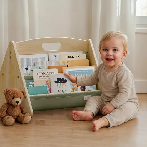 Vista 9 de ZICOTO Estantería decorativa de madera con asa para habitaciones de niños, mantiene los libros ordenados y al alcance de los niños pequeños