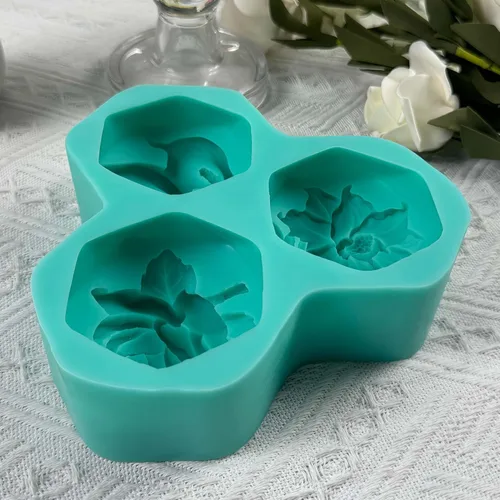 Vista 9 de Molde de jabón hexagonal para alivio de flores, 3 cavidades, molde de silicona para jabón natural, vela perfumada, cera de chocolate, mousse