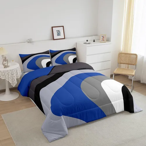 Vista 2 de Juego de edredón de remolinos azul real, negro y gris, juego de ropa de cama moderno con diseño de remolinos para niños, adolescentes, niños