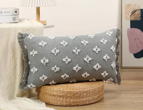 Vista 2 de Funda de almohada lumbar larga bohemia de 14x20 pulgadas con borla, de algodón, con patrón de flores 3D, funda de almohada lumbar larga para sofá