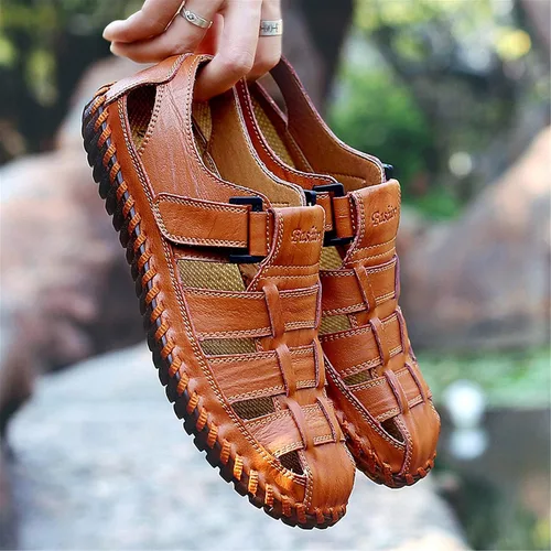 Vista 6 de Moodeng Sandalias deportivas para hombre con puntera cerrada, zapatos de pescador de cuero para verano, playa, mocasines transpirables