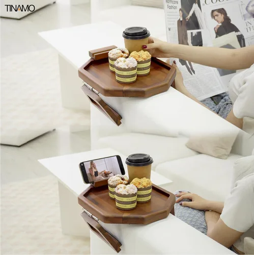 Vista 6 de Tinamo Bandeja para apoyabrazos de sofá octogonal de acacia, mesa de reposabrazos de sofá con brazos plegables - Organizador para sillón, bandeja