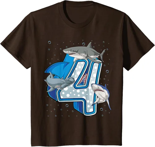 Vista 6 de Camiseta de 4.º cumpleaños para niños de 4 años con diseño de tiburón oceánico Negro