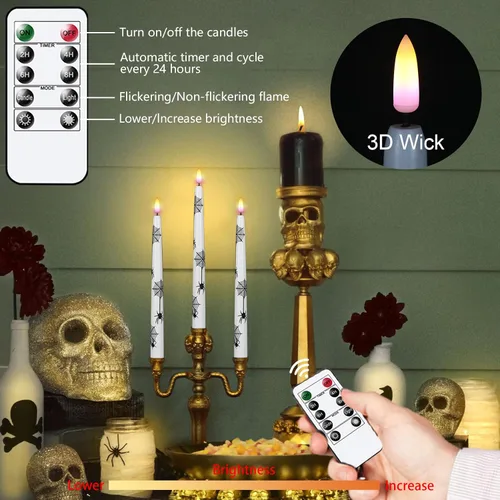 Vista 2 de Wondise Velas cónicas sin llama de Halloween con control remoto y temporizador, paquete de 4 velas LED parpadeantes de cera real con pilas de araña