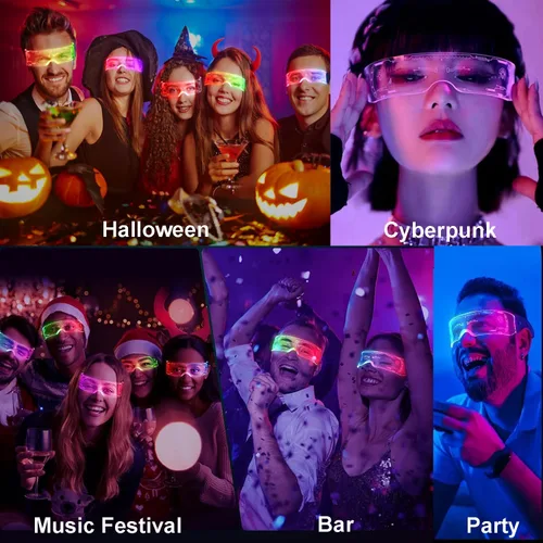 Vista 3 de Gafas de visera LED, 7 colores, gafas futuristas, 3 modos de iluminación, gafas luminosas Cyberpunk para adultos, bar, cosplay, fiesta de Halloween