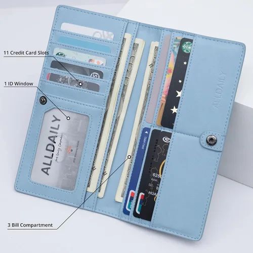 Vista 4 de Alldaily Billetera de cuero ultrafina para mujer, con bloqueo RFID, tarjetero de crédito, plegable, larga, Azul claro