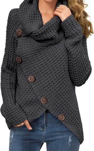 Vista 14 de GRECERELLE - Suéteres de cuello alto con cuello grueso, manga larga, dobladillo asimétrico, sueltos, de punto, para mujer, de otoño, S-2XL 02 negro