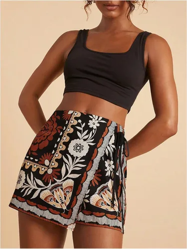 Vista 5 de SweatyRocks Mini faldas bohemias para mujer, pantalones cortos florales con Negro