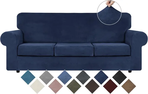 Vista 8 de WEERRW 4 Piezas Fundas de Terciopelo de Alta Elasticidad para Sofá de 3 Cojines Fundas de Sofá, Protector de Muebles Lavable con Parte Inferior