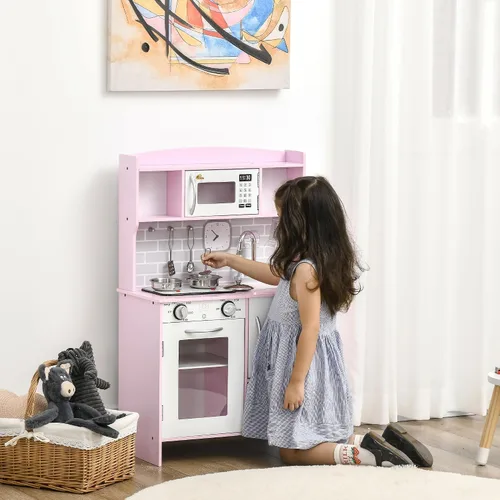 Vista 2 de Qaba Juego de juguetes de cocina para niños con diseño realista, luces de estufa, almacenamiento, dispensador de agua, para niños de 3 a 6 años