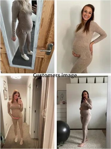 Vista 5 de SOLY HUX Conjunto de maternidad para mujer, conjunto de 2 piezas, manga larga, dobladillo dividido y pantalones de cintura elástica ajustable