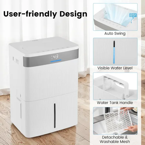 Vista 2 de COSTWAY Deshumidificador para sótano, deshumidificador para el hogar con mango conveniente, tanque de 1.4 galones, descongelación automática