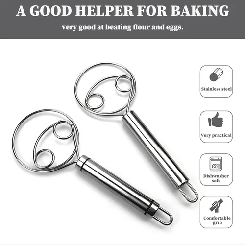 Vista 6 de Batidor de masa de 2 piezas, mezclador de masa de pan de acero inoxidable de 8,9 pulgadas, batidor de mano de ojos dobles, herramienta