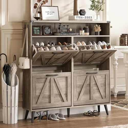 Vista 14 de Halitaa - Gabinete para zapatos con 2 cajones abatibles y almacenamiento abierto, gabinete de almacenamiento de zapatos estilo granja para entrada