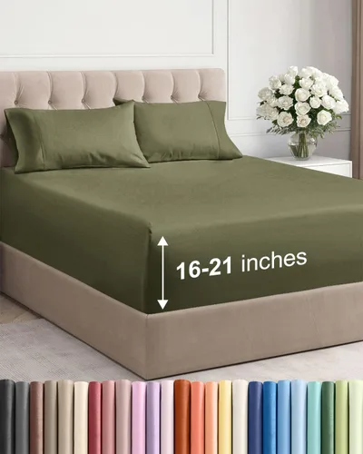 Vista 45 de Juego de sábanas tamaño Queen con bolsillos extra profundos, sábanas transpirables y refrescantes de 4 piezas, ropa de cama de lujo para hotel