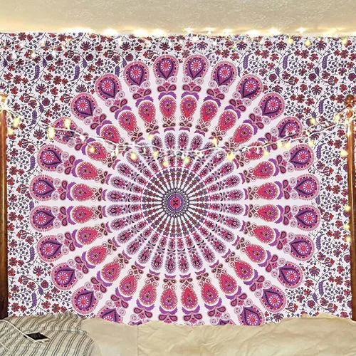 Vista 13 de Tapiz hippie indio bohemio psicodélico dorado azul pavo real mandala colgante en la pared (negro blanco, Queen (84 x 90 pulgadas) (84.6 x 90.6 in)