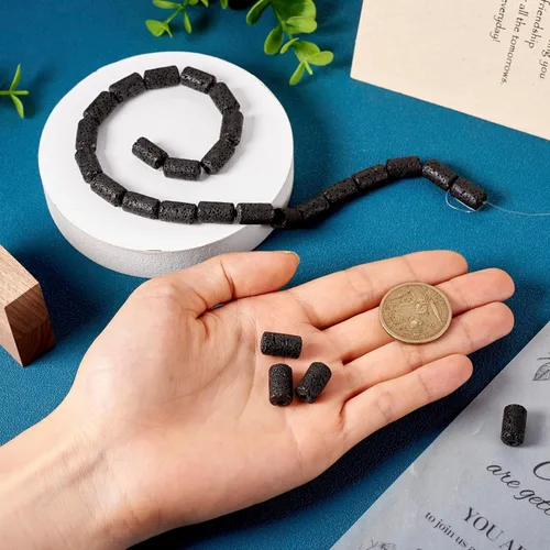 Vista 5 de Craftdady 25 cuentas de piedra de lava negra natural, tubo de columna, piedras preciosas volcánicas, cuentas sueltas para curación de energía