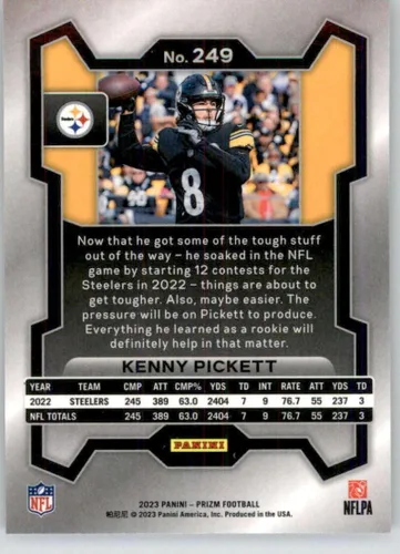 Vista 2 de 2023 PANINI PRIZM #249 KENNY PICKETT PITTSBURGH STEELERS FOOTBALL OFFICIAL TRADING CARD OF NFL