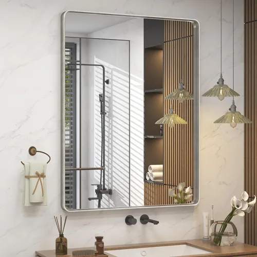 Vista 55 de Paquete de 2 espejos de baño con marco de metal negro de 22 x 30 pulgadas, espejo rectangular redondeado negro mate, antioxidante, se cuelga