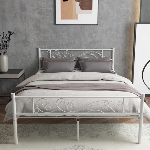 Vista 9 de Base de cama de metal con cabecero y estribo, no necesita somier, plataforma completa, color negro