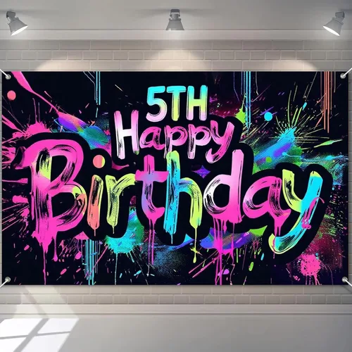 Vista 25 de HOMETITUTE Pancarta de Neón de Feliz 10mo Cumpleaños 71 x 43 pulgadas, Salpicadura de Pintura que Brilla en la Oscuridad, Telón de Fondo