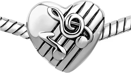 Vista 4 de KunBead Dijes de cuentas de corazón de plata con nota musical musical, compatibles con pulseras Pandora, regalos de joyería de cumpleaños