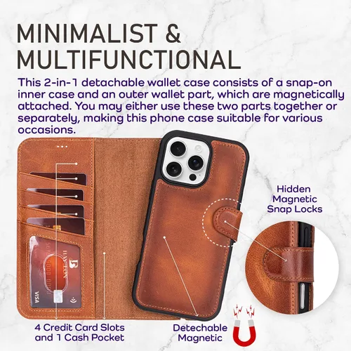 Vista 57 de Bayelon Funda tipo cartera para iPhone 15 Pro, cartera de cuero de grano completo, funda magnética desmontable, tarjetero, funda tipo cartera