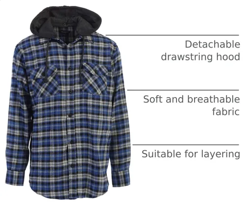 Vista 4 de Gioberti Camisa de franela a cuadros de algodón 100% para hombre con capucha extraíble y botones 100 – negro/azul real/gris.