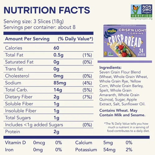 Vista 2 de Wasa Crisp'n Light - Pan crujiente de 7 granos, 4.9 onzas (paquete de 4), galletas, ingredientes sin OMG, mezcla de 7 granos, 20 calorías por