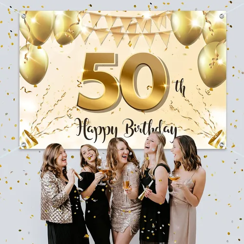 Vista 6 de HAMIGAR Fondo de pancarta de feliz cumpleaños 50 de 6 x 4 pies, decoraciones de cumpleaños de 50 años, suministros de fiesta para mujeres, oro blanco