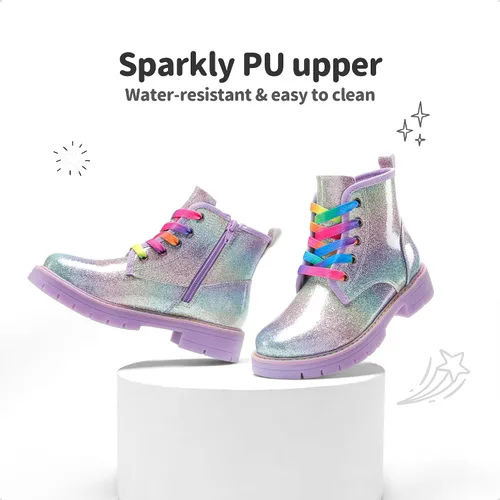 Vista 3 de DREAM PAIRS Botas de tobillo con purpurina para niñas y niños, zapatos de combate con cremallera lateral con cordones (bebéniño pequeñoniño grande)
