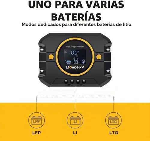 Vista 4 de BougeRV Li 10A PWM Controlador de carga solar 12V 24V, regulador de panel solar con pantalla retroiluminada, puerto USB, parámetro ajustable