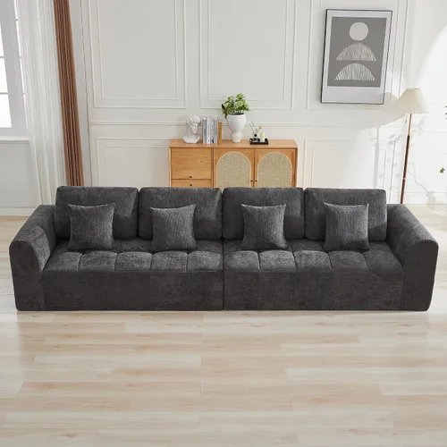 Vista 29 de Sofás seccionales modulares de 110 pulgadas para sala de estar, sofá seccional comprimido sin hueso, sofá de espuma viscoelástica tapizado de 3 Beige