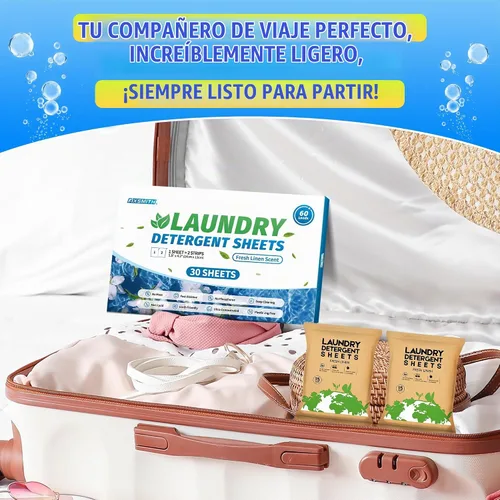Vista 2 de FIXSMITH Hojas de detergente para ropa – 60 cargas (30 hojas) aroma de lino fresco – hipoalergénicas, ecológicas, hojas de jabón de lavandería ultra