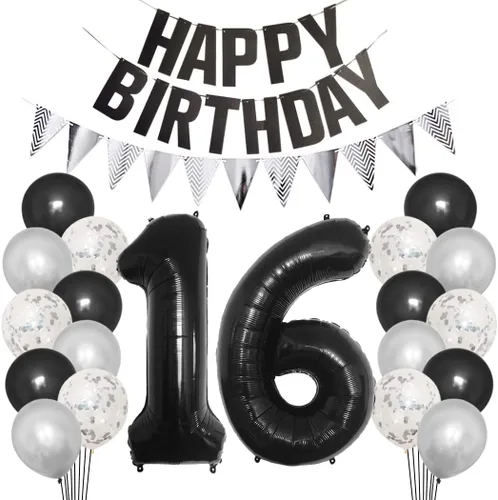 Vista 13 de Juego de decoraciones de fiesta de cumpleaños número 15 para niñas, niños, mujeres y hombres, pancarta negra con letras de feliz cumpleaños