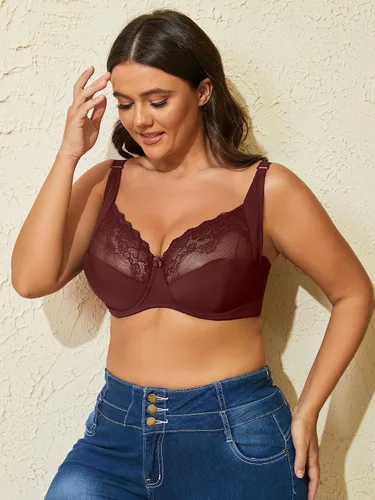 Vista 3 de OYOANGLE Bralette push up con encaje de contraste de talla grande para mujer, sin relleno, con aros