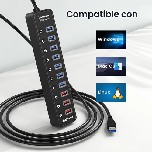 Vista 6 de vantisan Concentrador USB 3.0 alimentado, extensión divisor de concentrador USB de 11 puertos, 7 puertos de datos USB 3.0 + 4 puertos de carga Rojo