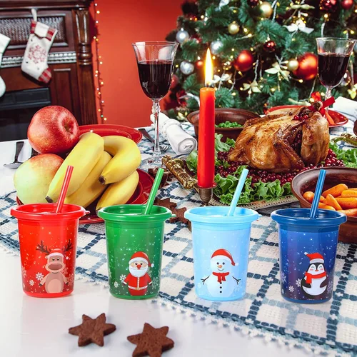 Vista 4 de Nuanchu 12 vasos de Navidad con pajitas y tapas, vasos reutilizables de plástico de 10 onzas para regalo de fiesta de Navidad