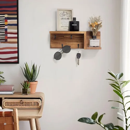 Vista 3 de AKKO Soporte de madera para llaves decorativo de pared, organizador de correo y llaves con 4 ganchos para llaves y estante flotante en forma de "Z